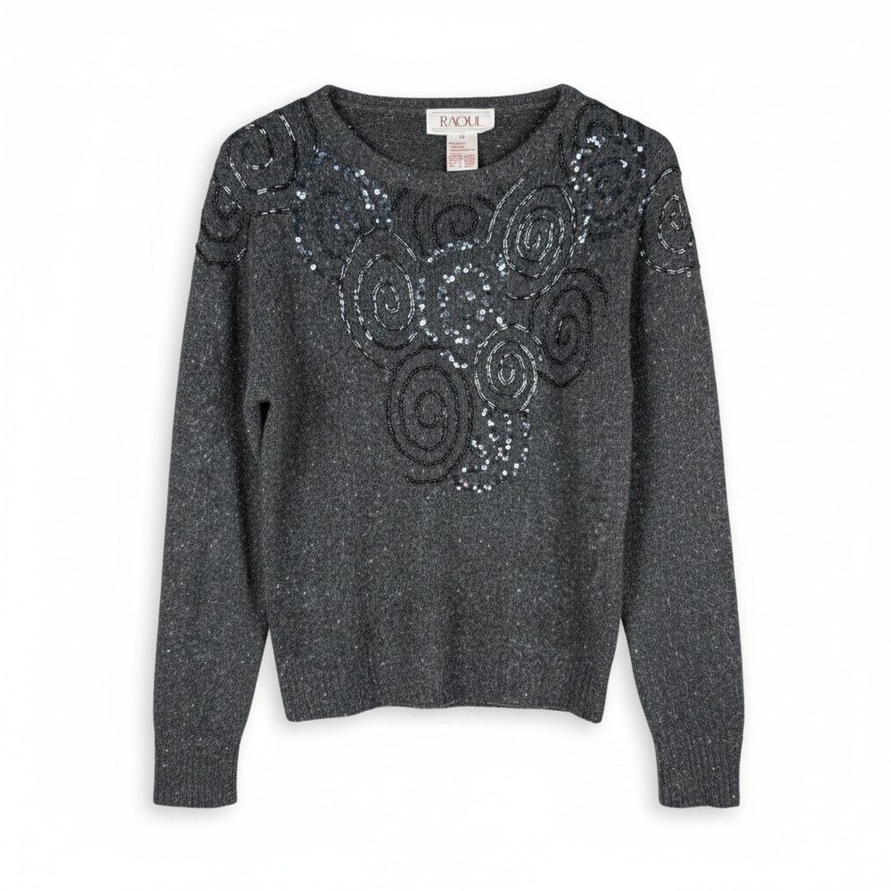 Vtg RAOUL Sequined Silk Angora Blend Pullover Sweater Charcoal Gray‎ Size S